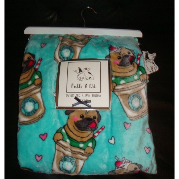 Pickle & Dot 60x70" Oversized Throw Blanket Blue with Dog Pug Pugguccino Coffee - Picture 1 of 2